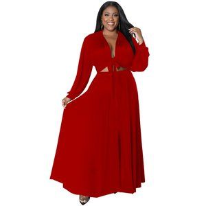 Red Lace-Up Long Sleeve Top + Swing Skirt Two Piece Set